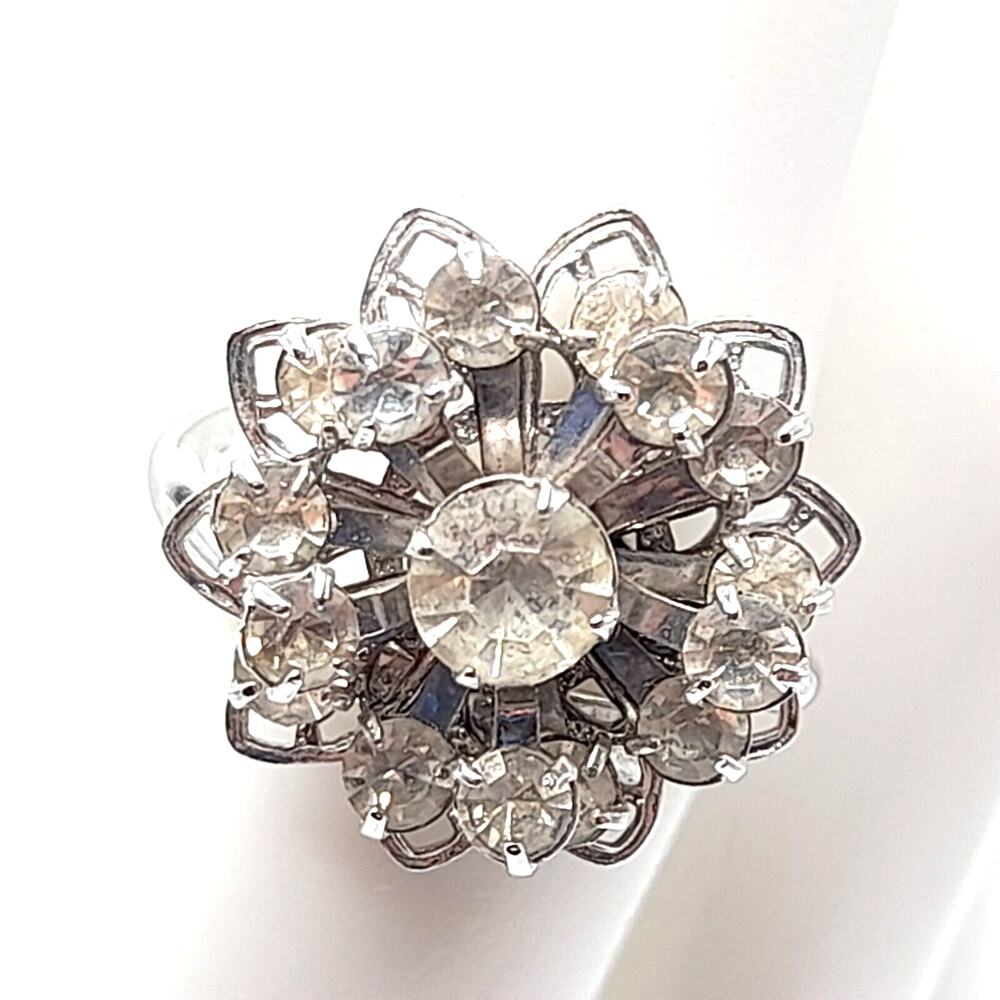 Vintage Ring, Signed Sarah Coventry, Cluster Silver Tone, Size 5 1/2 Adjustable